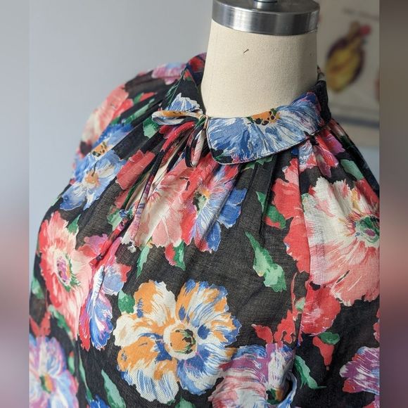 Floral gauzy vintage tie neck peter pan collar blouse M - Picture 3 of 15